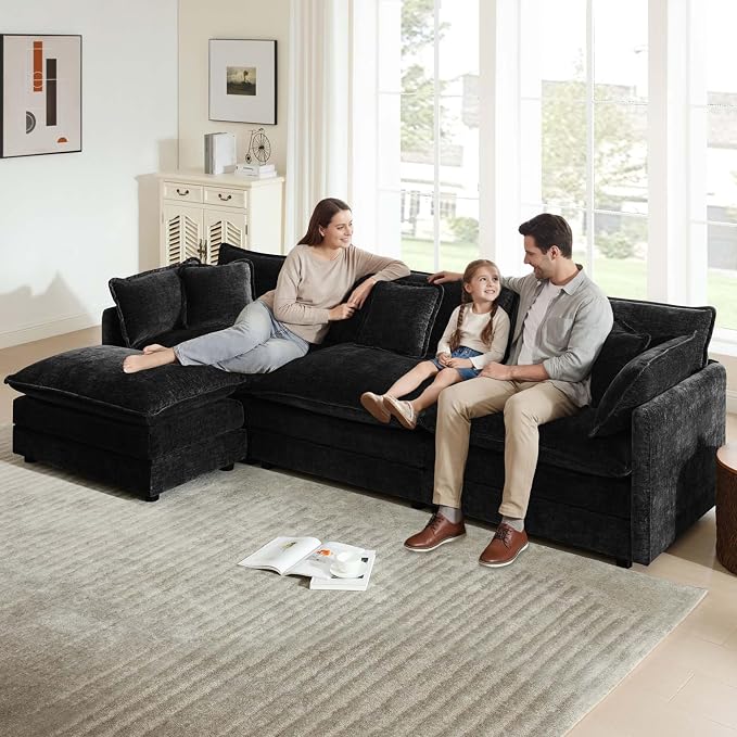 111.5" Modular Sectional Sofa, Large L Shaped Sectionals Cloud Couch, Big Comfy 3-Seat Couch with Ottoman, 4 Seater Chenille Sectional Sofa with Deep Seat and 5 Pillows for Living Room- Black