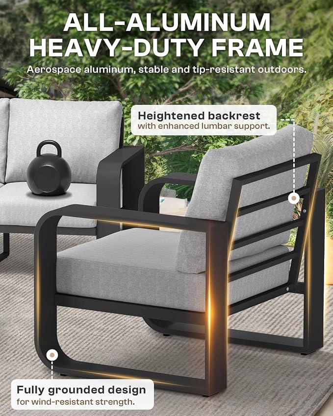 Oversized Aluminum Outdoor Furniture Set, Extra Large Patio Furniture Sofa Set 4.8” Widened Armrest & Ultra-Thick Cushions, 4 Pcs Modern Patio Sectional for Backyard, Deck, Gray