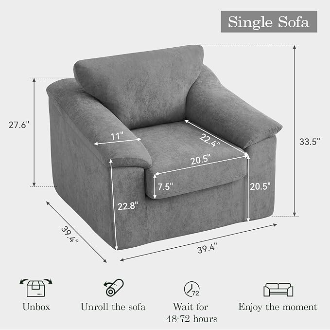 Boneless Single Sofa Chair, Modern Cloud Accent Chair, Comfy Deep Seat Couch for Living Room, Bedroom, Apartment, Small Space, No Assembly, Light Gray