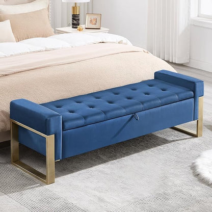 67'' End of Bed Storage Bench King Size, Storage Ottoman Bench for Bedroom, Modern Velvet Bed Benches for Foot of Beds with Gold Legs for Window Living Room Entryway, Dark Blue