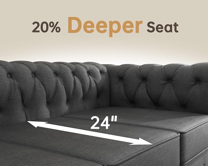 Morden Fort 3 Piece Classic Chesterfield 6-Seater Set, Tufted Chair & Loveseat & Sofa Solid Wood Legs Thick Cushion, Pet-Friendly Couch Set Furniture for Living Room Bedroom Apartment, Linen Grey
