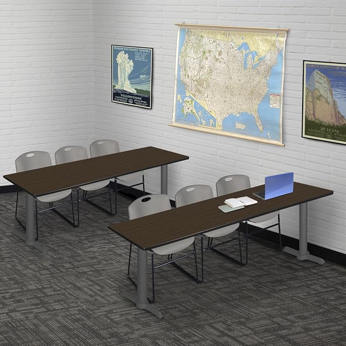 Romig Pillar 84 x 24 in. Steel T-Base Training Seminar Table- Neo Walnut/Grey Base
