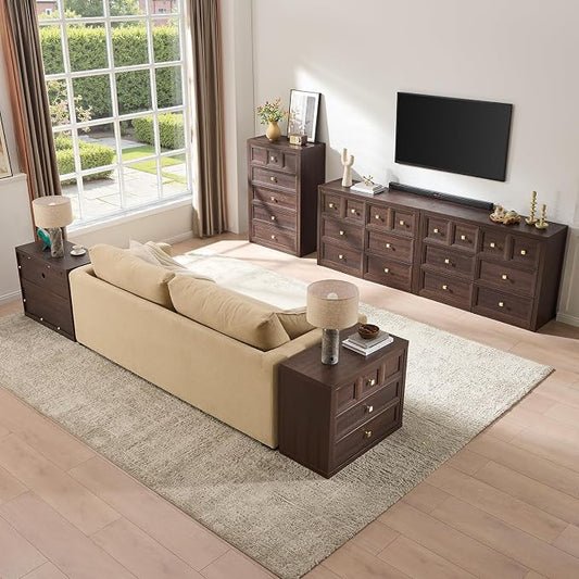 4 Piece Bedroom Set - Includes 6 Drawer Dresser, 5 Drawer Wood Dresser and 3 Drawer King Size Nightstands Set of 2 with Charging Station, 4 Piece Farmhouse Dresser and Nightstand Sets,Brown