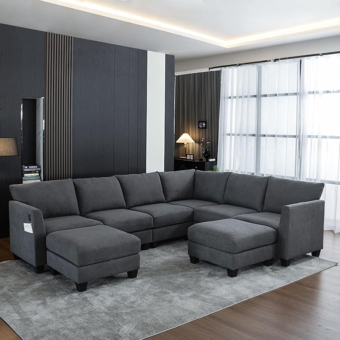 122.8" Large Sectional Couches for Living Room, 6 Seater L Shaped Modular Sectional Sofa with Two Storage Ottomans & USB, Oversized Corner Couch for Living Room(Grey)