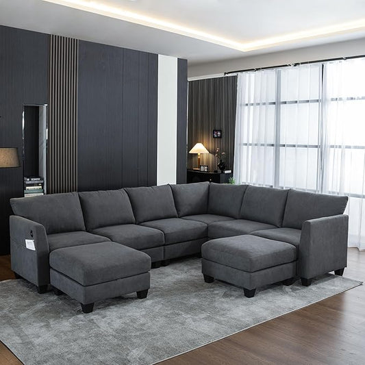 122.8" Large Sectional Couches for Living Room, 6 Seater L Shaped Modular Sectional Sofa with Two Storage Ottomans & USB, Oversized Corner Couch for Living Room(Grey)