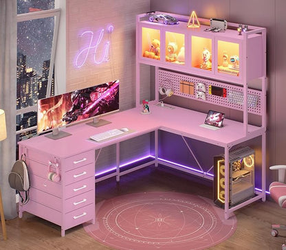 SEDETA L Shaped Gaming Desk with Drawers, L Shaped Computer Desk with Hutch and Storage Shelves, Gaming Desk with Pegboard, Led Lights, and Power Outlet, Home Office Desk, Corner Desk, Pink