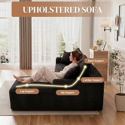108" L Shaped Cloud Boneless Sectional Couches for Living Room, Modern Comfy Modular Deep Seat Memory Foam Compressed Corduroy Sofa Oversized Right Facing Chaise, No Assembly Required, Balck