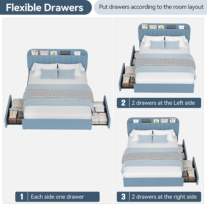 Garvee Full Size Bed Frame with 2 Flexible Drawers, Boucle Upholstered Platform Bed Frame with Bookcase Headboard, Bedframe for Kids/Boys, Easy Assembly, No Box Spring Needed, Noise Free, Blue