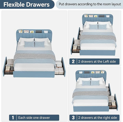 Garvee Full Size Bed Frame with 2 Flexible Drawers, Boucle Upholstered Platform Bed Frame with Bookcase Headboard, Bedframe for Kids/Boys, Easy Assembly, No Box Spring Needed, Noise Free, Blue