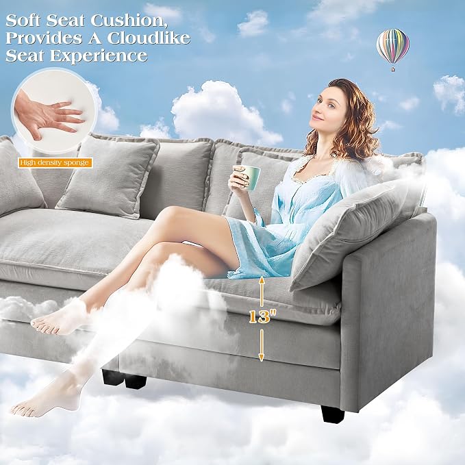 113.8" Modular Sectional Sofa,Cloud Couch for Living Room,Modern Deep Seat Sofa 5 Seater Chenille Fabric Comfy L Shaped Couches with Throw Pillows for Apartment