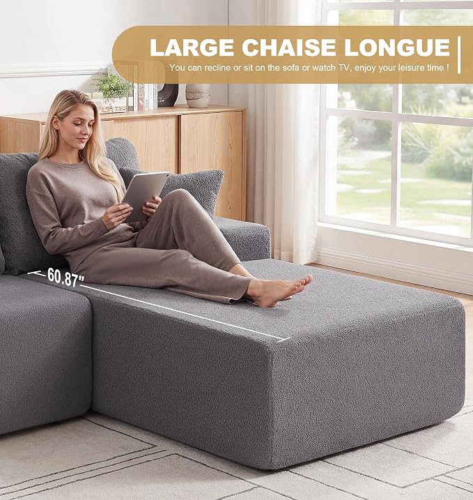 Hobestluk Modular Sectional Sofa Couches L-Shape Couch 3 Seat Modular Sofa Memory Foam Sectional Couches for Living Room, Cloud Couch with Oversized Chaise (Grey Smooth, 108", Right Hand Facing)