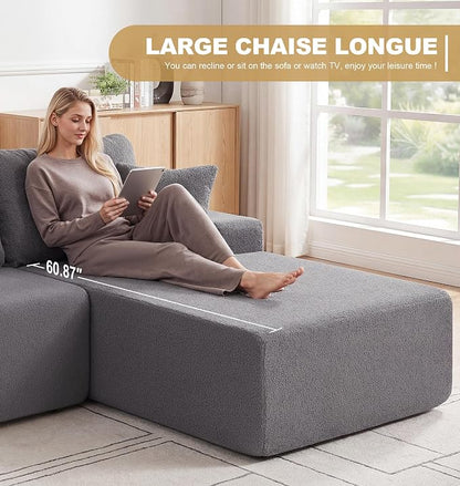 Hobestluk Modular Sectional Sofa Couches L-Shape Couch 3 Seat Modular Sofa Memory Foam Sectional Couches for Living Room, Cloud Couch with Oversized Chaise (Grey Smooth, 108", Right Hand Facing)