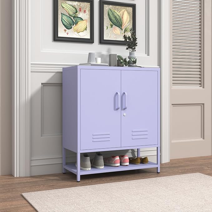 Three Tier Metal Shoe Cabinet for Home use Featuring Adjustable Shelves Multifunctional Two Door Storage Cabinet Suitable for entryways and hallways Purple Size: 13.8" D x 29.5" W x 33" H