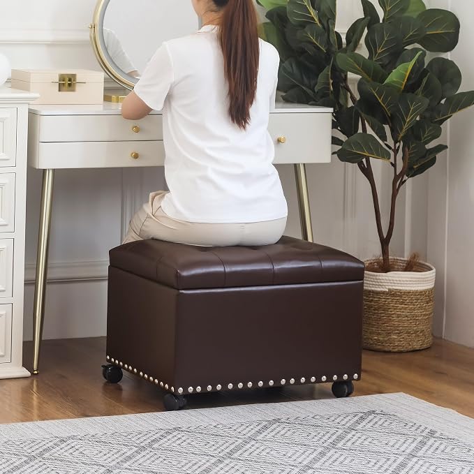Joveco Leather Storage Ottoman with 360° Caster Wheels 24" Foot Rest Bench Rectangle Ottomans Stool for Living Room Bedroom (Brown, Wheels)