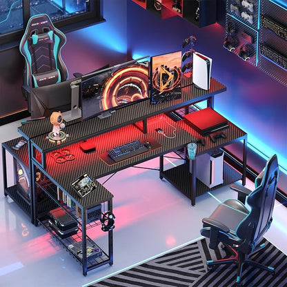 Bestier LED Gaming Desk with Power Outlets, 71 inch L Shaped Computer Desk with Monitor Stand, Large Desk with Printer Stand Adjustable Shelf, Cup Holder & Hooks, Home Office Desk Black | Carbon Fiber Desktop, 20 Static 22 Dynamic RGB Modes, Storage Ra...