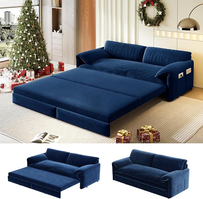 66" Sofa Bed Queen Size, Pull Out Couch Bed, 3-in-1 Convertible Sleeper Sofa with Side Pocket, Modern Velvet Futon Couch for Living Room, Small Space, Apartment, Bedroom, Blue