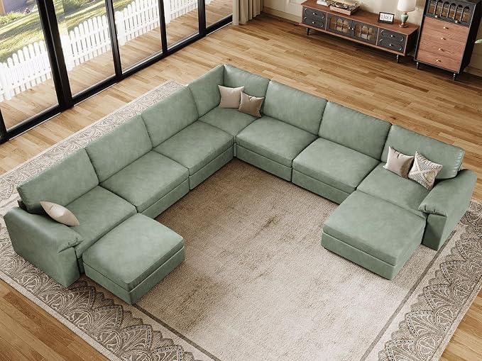 EASE MOOSE Faux Leather Sectional Couch with Ottoman, Oversized Modular Sofa, Vintage Comfy Modular Couch, Scratch Resistant Material Sofas, U Shaped Couch for Living Room, Green