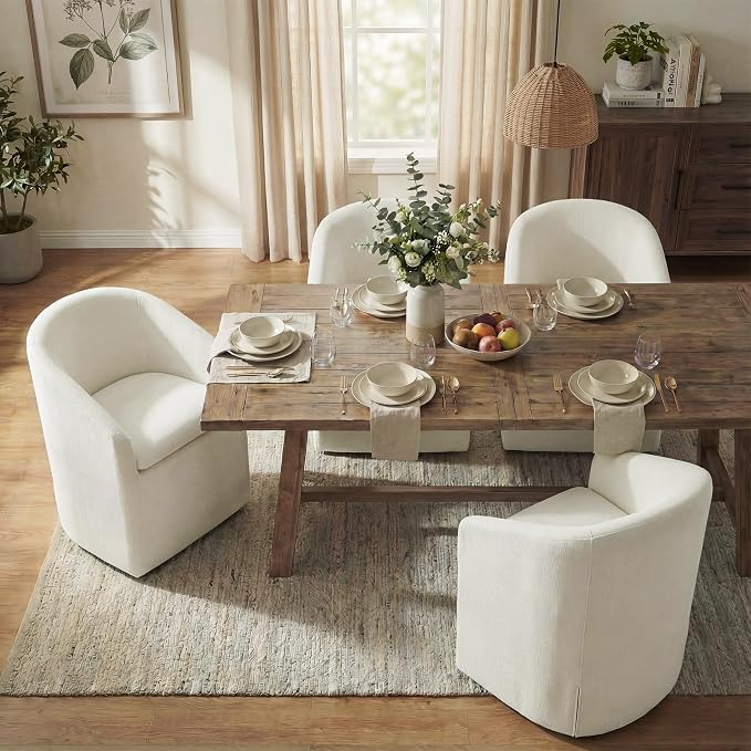 KISLOT Upholstered Dining Chairs with Casters, Washable Cover Modern Dining Room Chairs with Barrel Backrest & Armrest, Vanity Chair with Wheels for Kitchen, Living Room, Bedroom, Linen Fabric, 1PCS