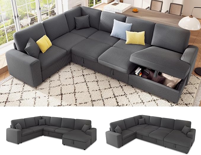 VanAcc 130" Sofa Bed, Sectional Sleeper Sofa with Pull Out Bed, Sleeper Couch for Living Room, 6 Seater Couch with Storage, Corduroy Grey