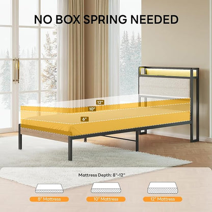 LIKIMIO Twin XL Bed Frame with Storage Headboard and LED Lights, Metal Platform Bed with Charging Station, Noise Free, No Box Spring Needed, Under Bed Storage, Natural and Cream
