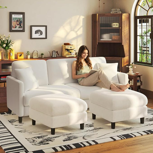 Welzona 83" Couches for Living Room, Teddy Sofa Couch with Storage Ottomans, U Shaped Couch with Movable Ottomans, Tool-Free Modular Sectional Sofa, All-Wood Sofas for Living Room 2 Pillows, Beige