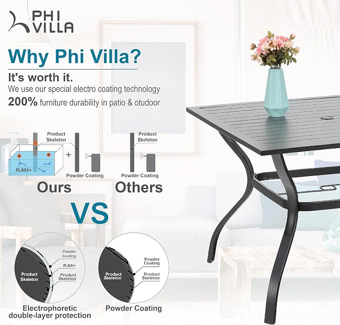 PHI VILLA 5 PCS Patio Dining Set, 4 Outdoor Aluminum Stackable Sling Chairs with Armrest & 1 Square Metal Dining Table (1.57" Umbrella Hole), Patio Table Chair Furniture Set for Deck Lawn Garden