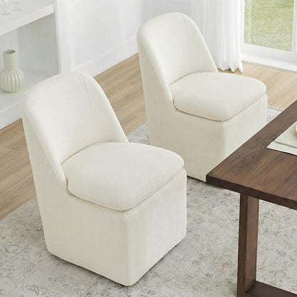 KISLOT Upholstered Dining Chairs Set of 2 with Casters, Modern Side Armless Deskchair with Washable Slipcover & Sturdy Metal Frame for Diningroom Bedroom Livingroom Reading Room, Beige Fabric