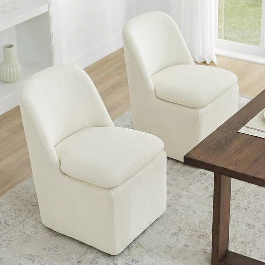 KISLOT Upholstered Dining Chairs Set of 2 with Casters, Modern Side Armless Deskchair with Washable Slipcover & Sturdy Metal Frame for Diningroom Bedroom Livingroom Reading Room, Beige Fabric