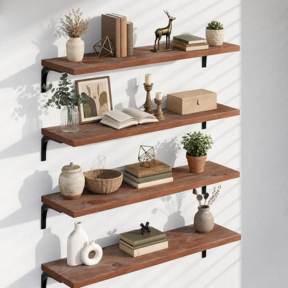 12 Inch Deep Floating Shelves Set of 4, 48 Inch Extra Wide Brown Solid Wood Wall Shelves, 4ft Heavy Duty Farmhouse Wall Mounted Shelving for Kitchen, Living Room & Bedroom