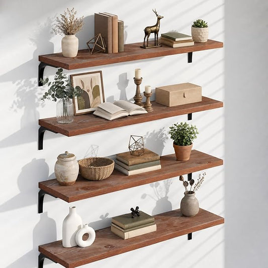 12 Inch Deep Floating Shelves Set of 4, 48 Inch Extra Wide Brown Solid Wood Wall Shelves, 4ft Heavy Duty Farmhouse Wall Mounted Shelving for Kitchen, Living Room & Bedroom
