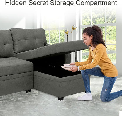 Naomi Home 84" L-Shaped Sectional Sleeper Sofa with Pull Out Bed | Sleeps Guests Comfortably, Stores Essentials in Chaise & Saves Space, Velvet, Gray Convertible Sofa Bed