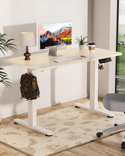 Okin Standing Desk Electric Adjustable Computer Whole Piece Stand up Desk Office Gaming Home Office Memory Desks 48x24 inches Cream Brown