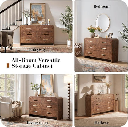 Curved 6 Drawer Dresser for Bedroom, 54'' Wide Chest of Drawers, Farmhouse Storage Cabinet for Hallway & Living Room TV Stand, FSC Certified 1.18" Thick Board, 100 lbs Top Weight, Dark Burl
