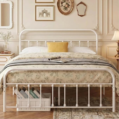 VECELO White Metal Bed Frame Queen Size with Vintage Headboard and Footboard, No Box Spring Needed, Premium Stable Steel Slat Support Mattress Foundation