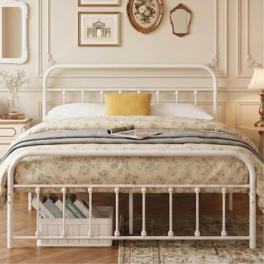 VECELO White Metal Bed Frame Queen Size with Vintage Headboard and Footboard, No Box Spring Needed, Premium Stable Steel Slat Support Mattress Foundation