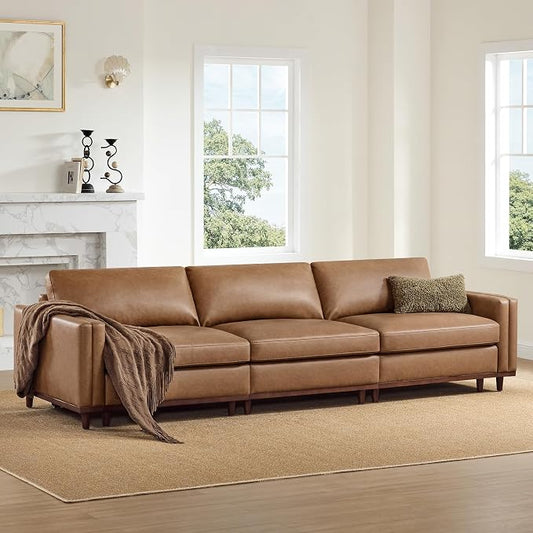 CHITA 118” Super Large Luxury Sectional Modular Sofa, Down Filled, 3 Seat Couch, Faux Leather in Camel