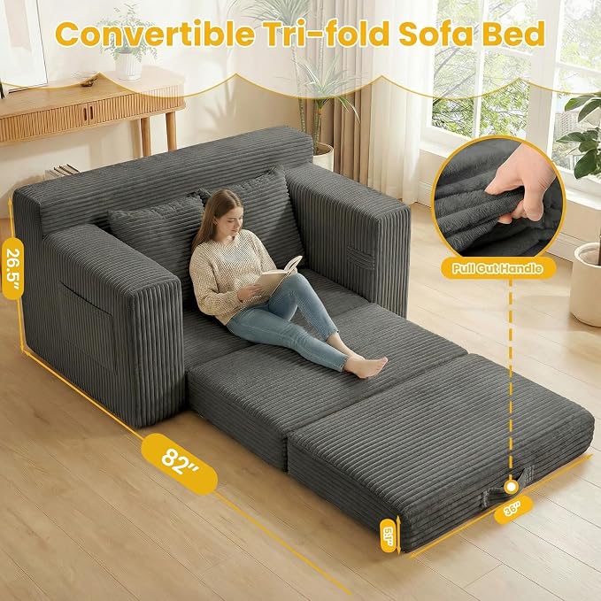 Boneless Couch,Boneless Loveseat Sleeper Sofa Bed – 3-in-1 Convertible Couch Bed with Side Pockets & Handle,Pull Out Corduroy Futon for Small Space,Living Room & Bedroom,2 Pillows Included,No Assembly