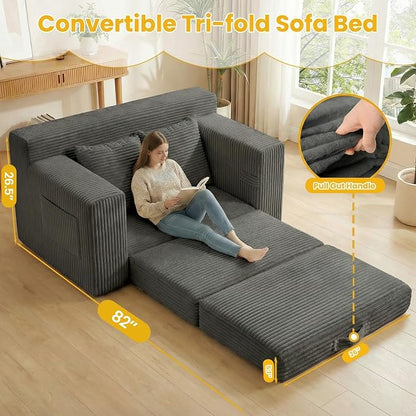 Boneless Couch,Boneless Loveseat Sleeper Sofa Bed – 3-in-1 Convertible Couch Bed with Side Pockets & Handle,Pull Out Corduroy Futon for Small Space,Living Room & Bedroom,2 Pillows Included,No Assembly