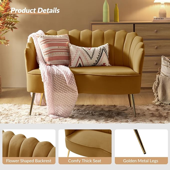 Velvet Upholstered Loveseat Sofa with Gold Metal Legs, Modern Comfy Small Love Seat with Flower Shaped Back, 2-Seater Sofa Accent Couch for Living Bedroom Leisure Areas, Golden