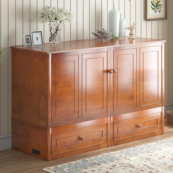 Mjkone Murphy Bed Queen with Tri-Folding Mattress, Queen Modern Cabinet Beds with 2 Storage Drawers & USB Charging Station, Adults Wooden Wall Chest Bed for Apartment Bedroom (Cherry)