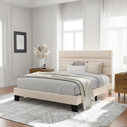 Allewie Full Size Platform Bed Frame with Velvet Upholstered Headboard and Wooden Slats Support, Fully Upholstered Mattress Foundation/No Box Spring Needed/Easy Assembly, Cream