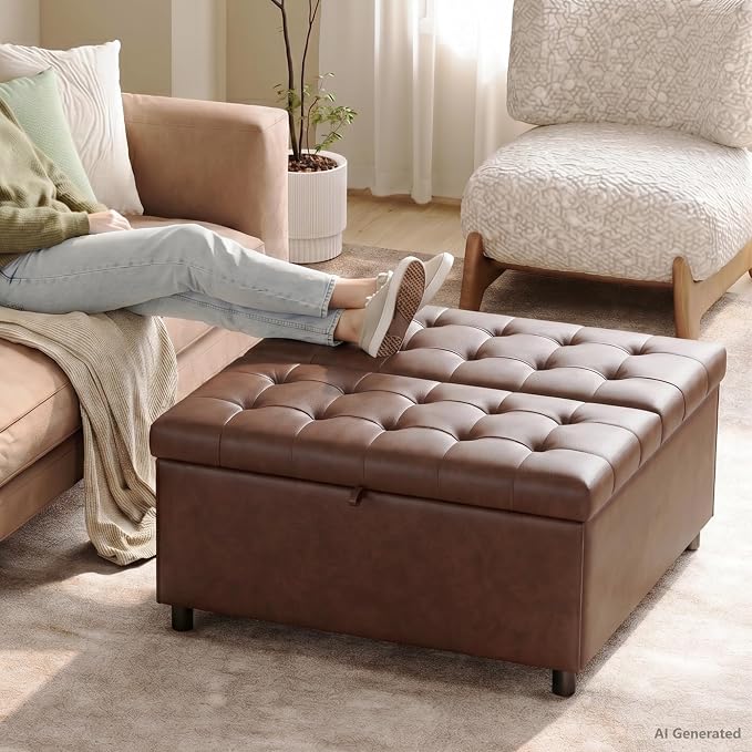 Brown Leather 36 Inch Extra Large Lift Top Living Room Storage Ottoman | LINLUX Tufted Upholstered Shoe Storage Entry Bench, Bed Benches For Foot Rest, Lift Footrest For Dorm Bedroom Office