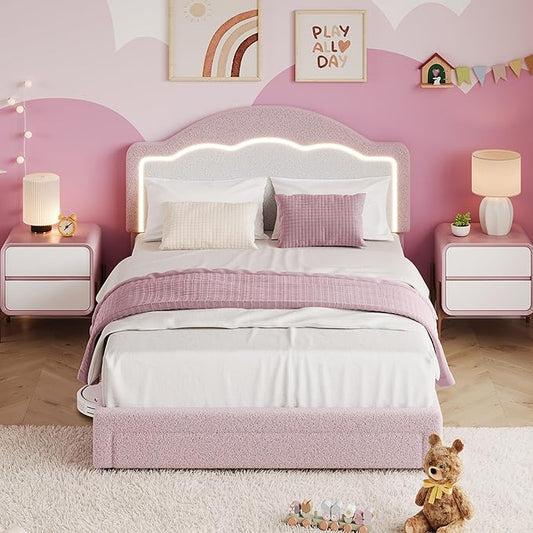 IDEALHOUSE Twin Bed Frame with LED Headboard and Under-Bed Drawer, Boucle Fabric Upholstered Platform Bed with LED Light for Kids, Girls, Wooden Slats Support, No Box Spring Needed, Pink