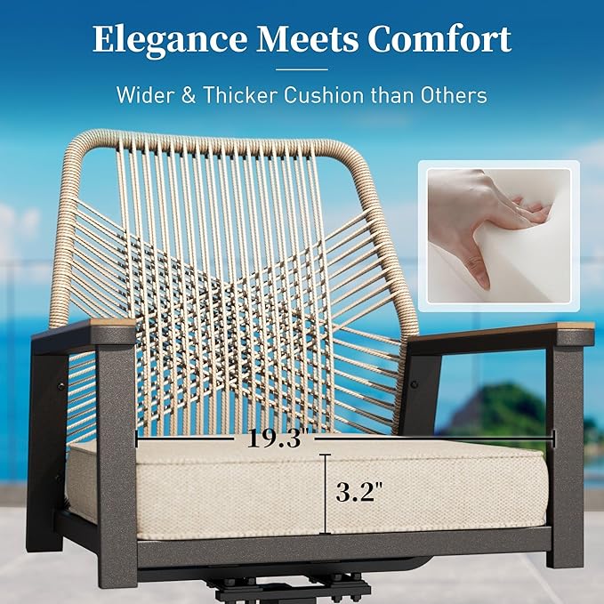 Patio Dining Set 9 Piece, 6 Woven Rattan Fixed Chairs and 2 Swivel Chairs with Waterproof Cushion, 83" Metal Rectangular Table with Umbrella Hole, Outdoor Table Set for Backyard Lawn Deck, Beige