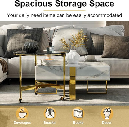 White Faux Marble Coffee Table Set with End Table, Luxurious Gold Coffee Tables 2 in 1, Nesting Coffee Table Set for Living Room Apartment