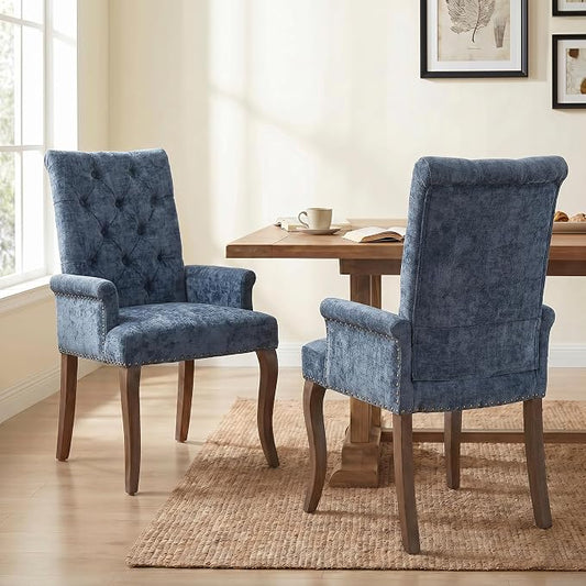 Upholstered Dining Chairs with Arms Set of 2, Blue, 2 Pack | Tufted Chenille Kitchen Chairs with Arms, Modern Farmhouse Armchair with Nailhead Trim for Dining Room, Home Office
