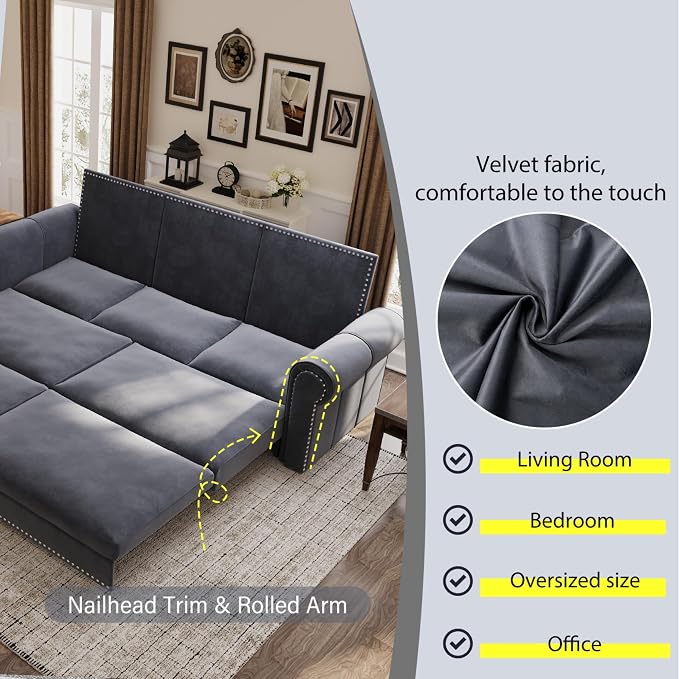 93.7" King Size Sleeper Sofa Bed, Pull Out Sofa Bed, Velvet Upholstery, 3 in 1 Convertible Sleeper Couch, Chaise Lounge, Retro Recliner for Living Room, Office, Apartment, Grey
