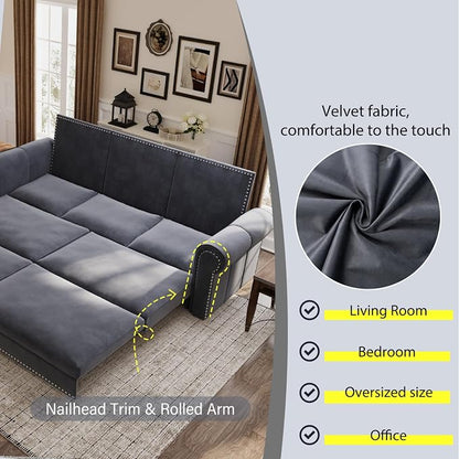 93.7" King Size Sleeper Sofa Bed, Pull Out Sofa Bed, Velvet Upholstery, 3 in 1 Convertible Sleeper Couch, Chaise Lounge, Retro Recliner for Living Room, Office, Apartment, Grey