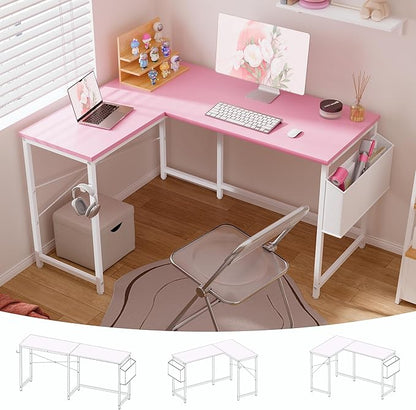 Pamray 47 Inch Reversible L Shaped Gaming Desk Corner Computer Desk with Storage Bag Home Office Table for Writing Study Pink