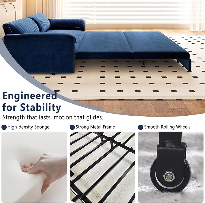 63.8" Sofa Bed Queen Size, Pull Out Couch Bed, 3-in-1 Convertible Sleeper Sofa with Side Pocket, Modern Velvet Futon Couch for Living Room, Small Space, Apartment, Bedroom, Blue